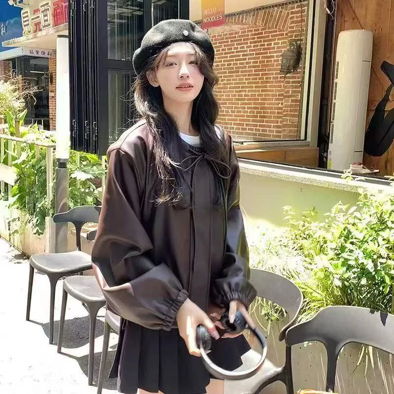 法式美拉德PU短款时尚2025秋季新款韩系设计感夹克+内搭+百褶裙