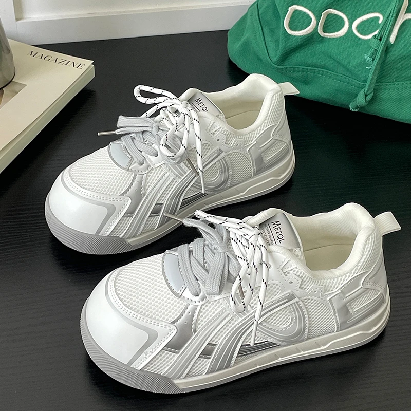 丑萌网面圆头德训鞋女2025夏款轻便透气增高阿甘鞋百搭休闲运动鞋