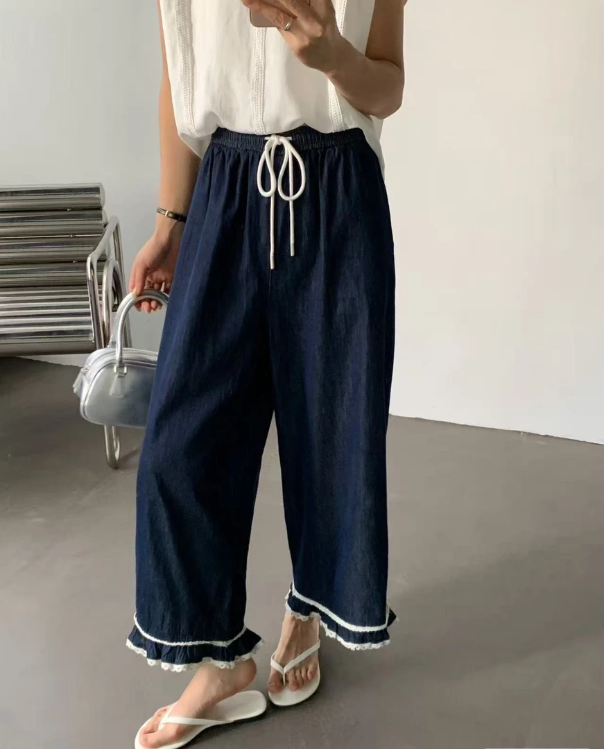 FUJIA STYLE新款韩版简约抽绳花边牛仔阔腿裤Y25152