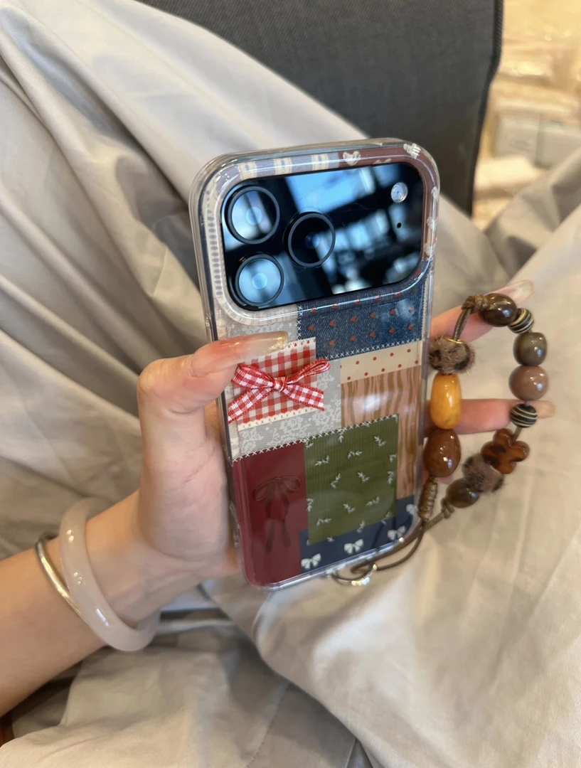 ins简约彩色格子爱心蝴蝶结IMD手机壳适用iPhone17pro苹果15新13