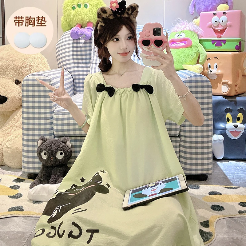 带胸垫睡裙女款短袖夏季卡通少女中长款睡衣2025新款云朵棉家居服
