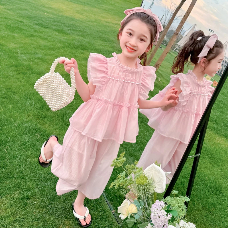 女童夏季套装2024新款洋气时髦儿童夏装女宝飞袖休闲裤薄款两件套