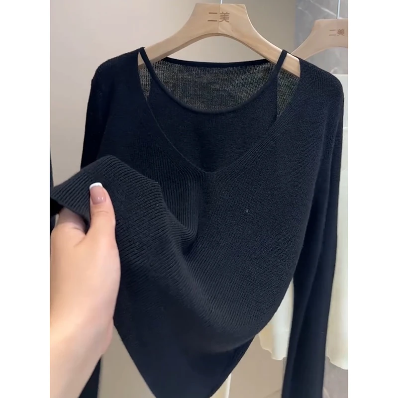 欧货2025早秋季新款修身显瘦百搭假两件纯色简约风针织衫上衣女潮