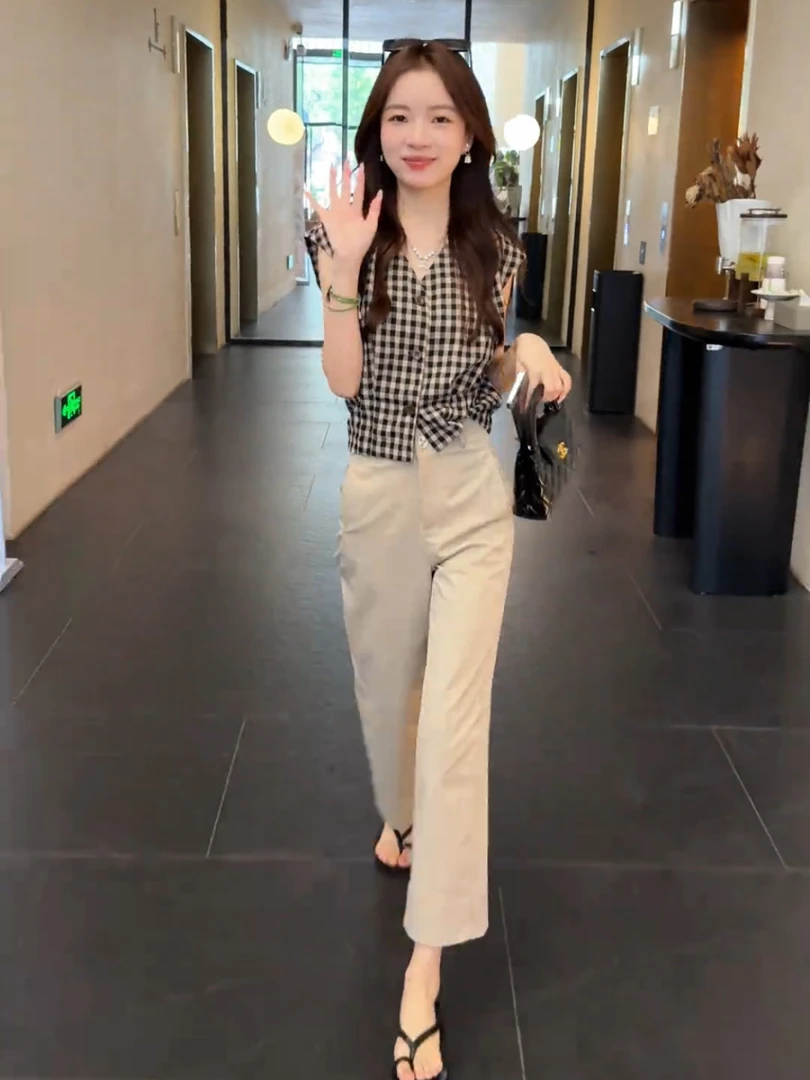 韩版设计感格子无袖衬衫背心上衣夏季纯色九分裤时尚网红两件套潮