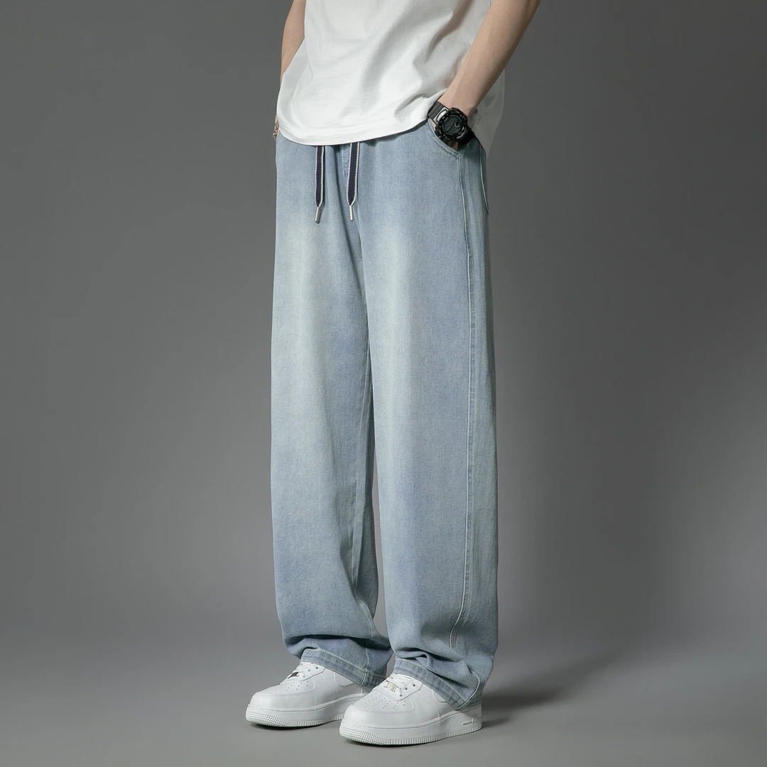 铭悦金松春夏新款软牛仔裤休闲百搭宽松浅色复古垂感直筒裤男女款