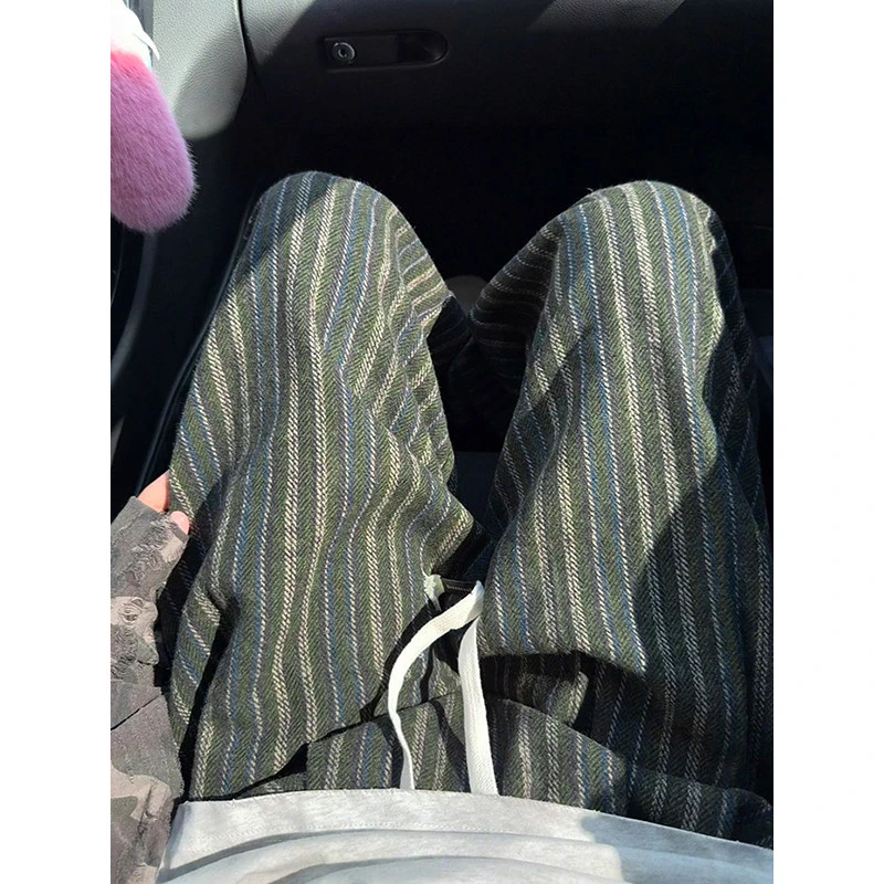 美式复古竖条纹撞色拼接休闲裤hiphop垂感裤子ins潮直筒秋季长裤