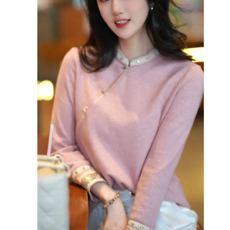 国风时尚百搭秋冬立领钉珠长袖九分袖常规款百搭春秋日常气质上衣
