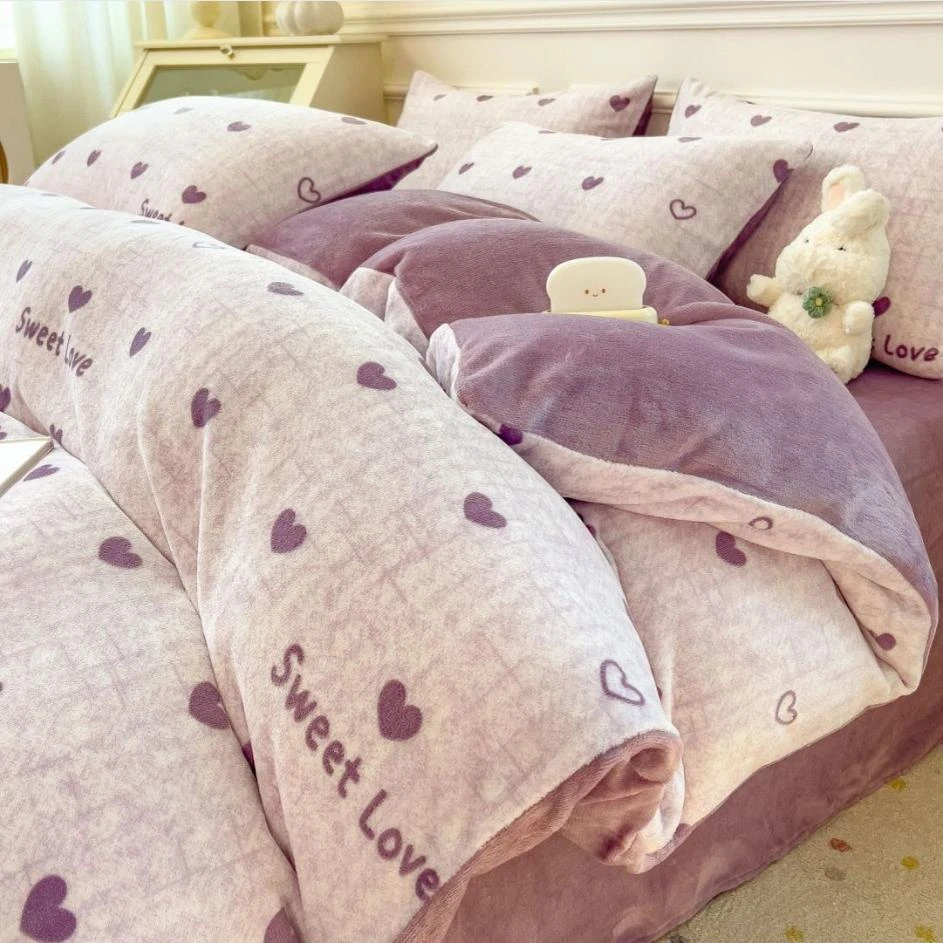 水星牛奶绒床上四件套冬天季加绒加厚双面珊瑚绒被套床单三件套