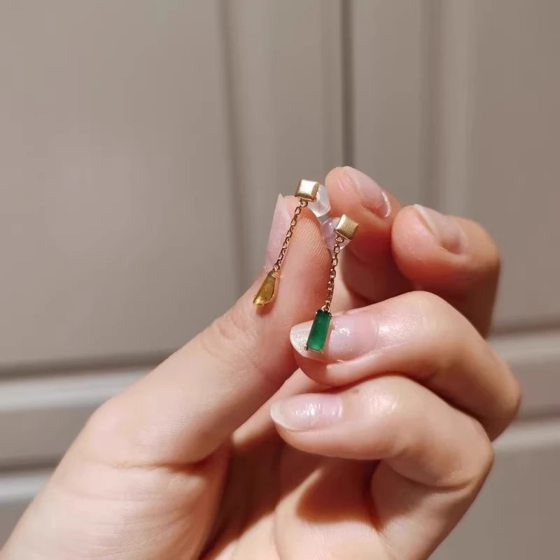 铜合金耳饰 流苏不对称耳钉耳坠简约镀18k新中式夏季女款高级耳环