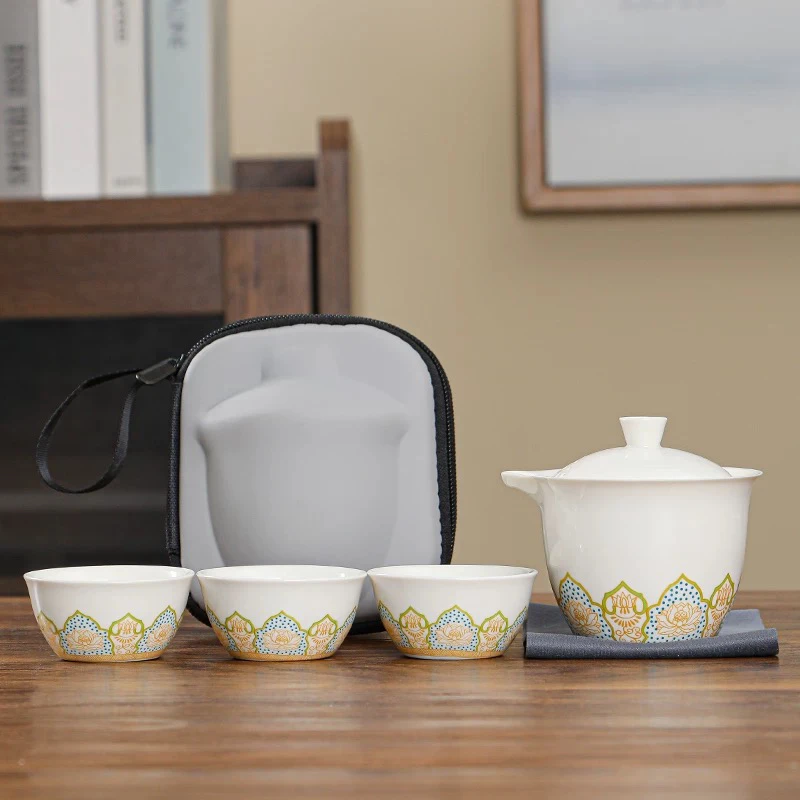 中式便携旅行茶具陶瓷功夫泡茶套装莲花白E887