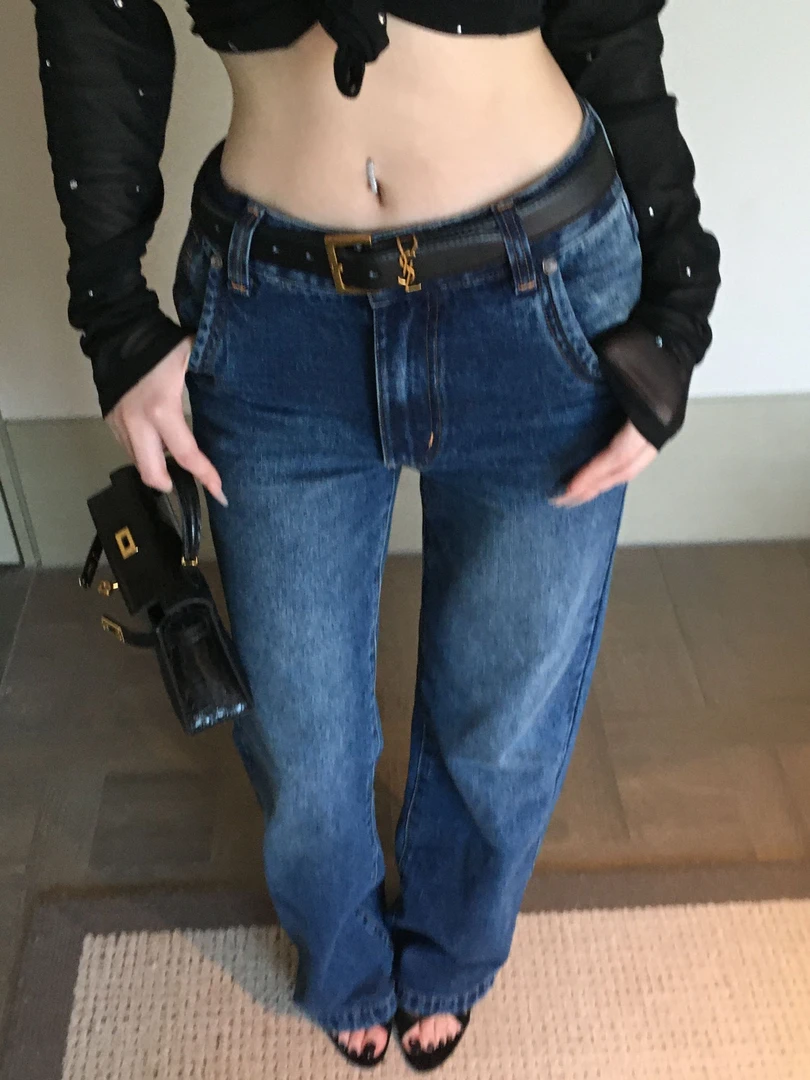 ChiclyNana  美式复古低腰水洗直筒牛仔裤女宽松阔腿微喇休闲长裤