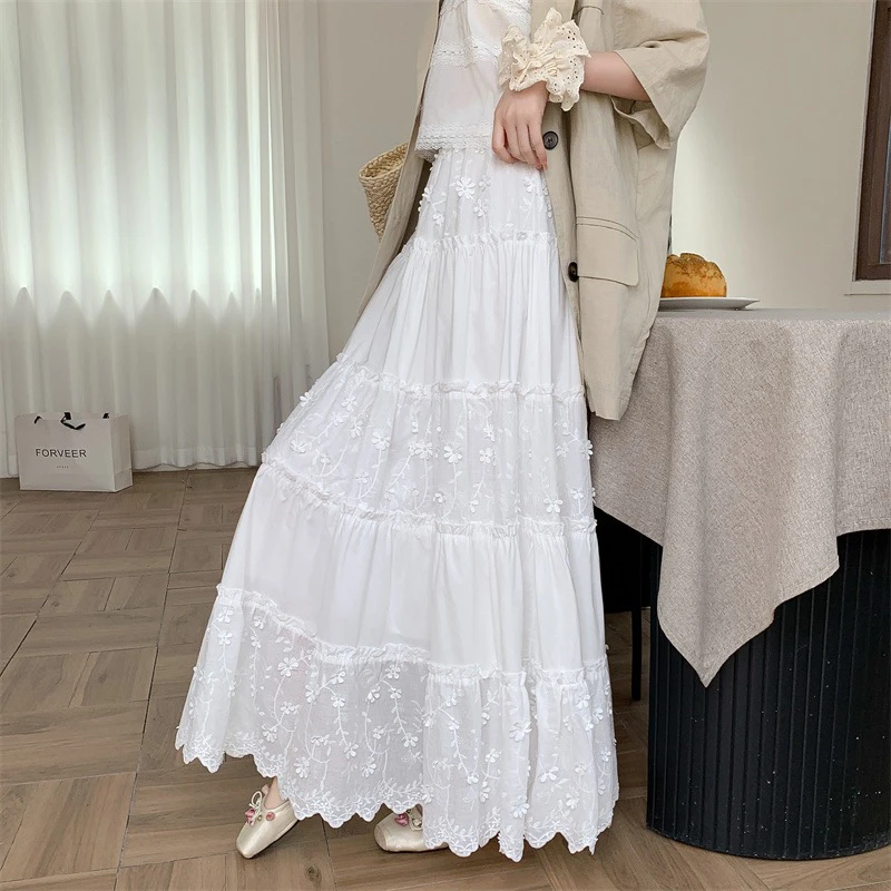 新款白色立体花高级感拼接高腰半身裙设计感气质显瘦长裙裙子夏季