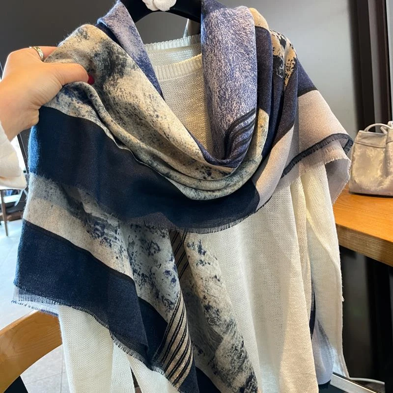 Miss Silas潮流时尚显气质扎染藏青色棉麻围巾女士大方巾丝巾披肩
