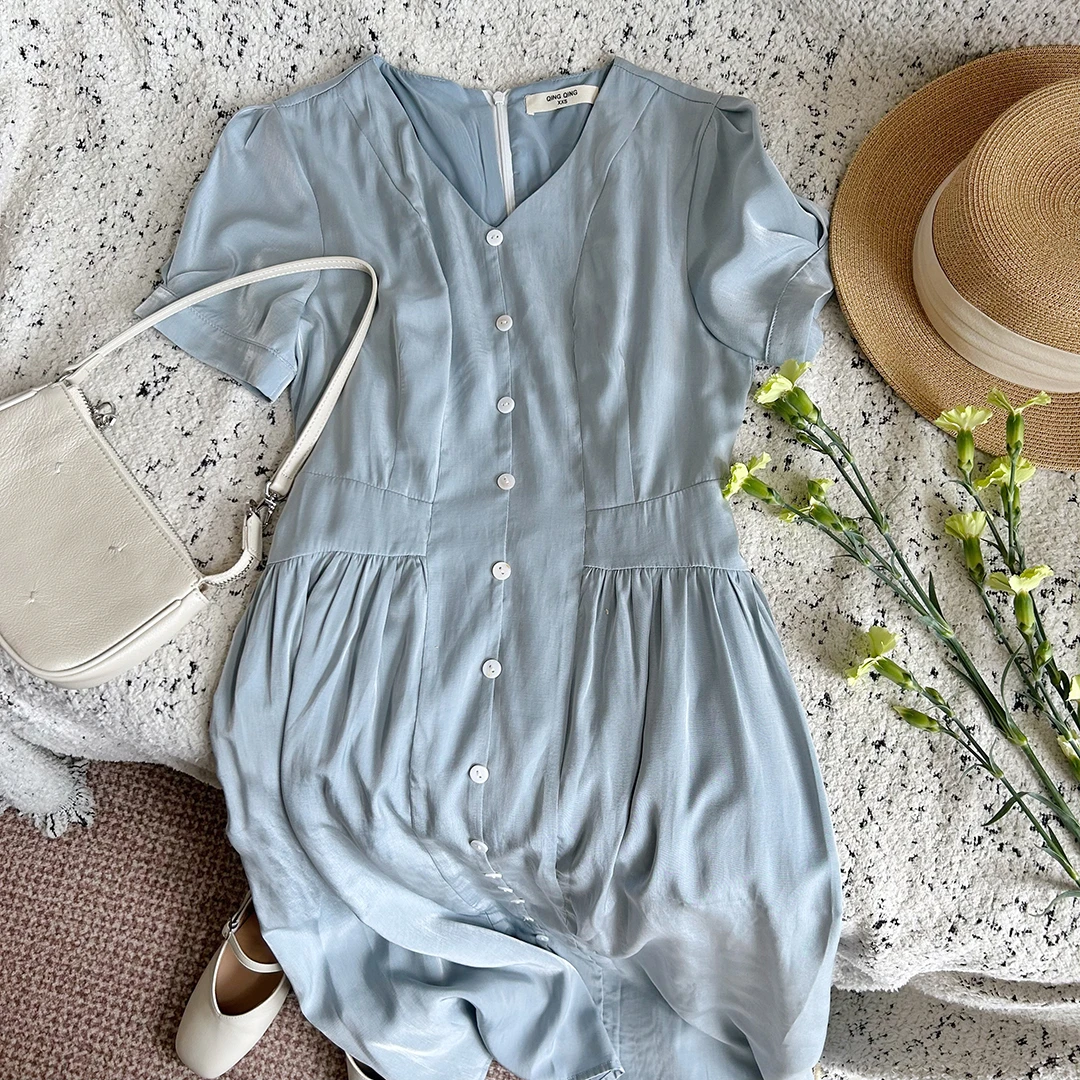 温柔法式连衣裙小个子夏季收腰气质V领单排扣长裙 250507