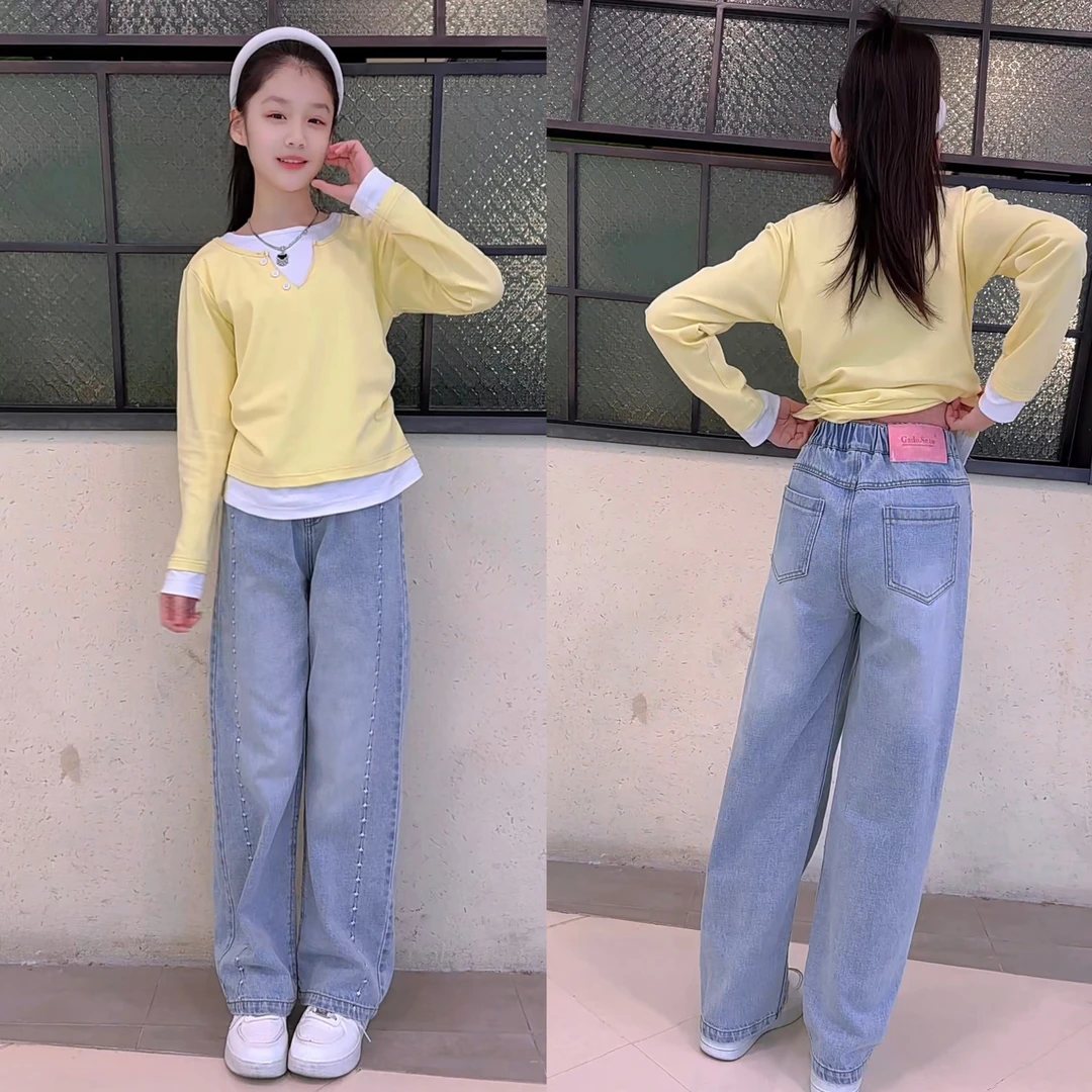 女童春款牛仔长裤休闲百搭显瘦直筒裤女孩中大童时尚甜美可爱穿搭