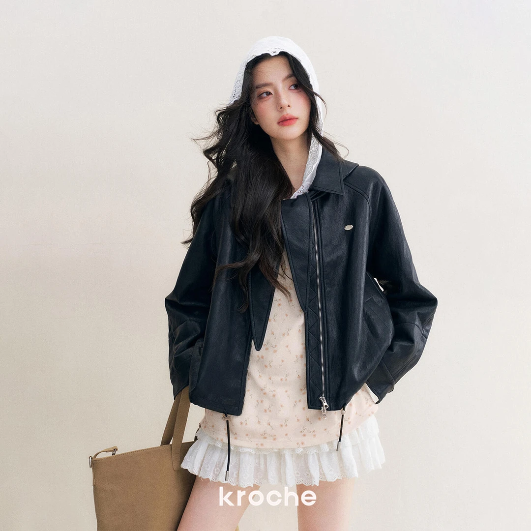 Kroche 25aw 俏皮软语 可拆卸帽子 翻领抽绳宽松挺阔黑色皮衣外套