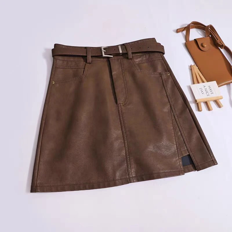 没有腰带3213款皮高腰A字包臀短裙女辣妹不规则缺口开叉半身裙