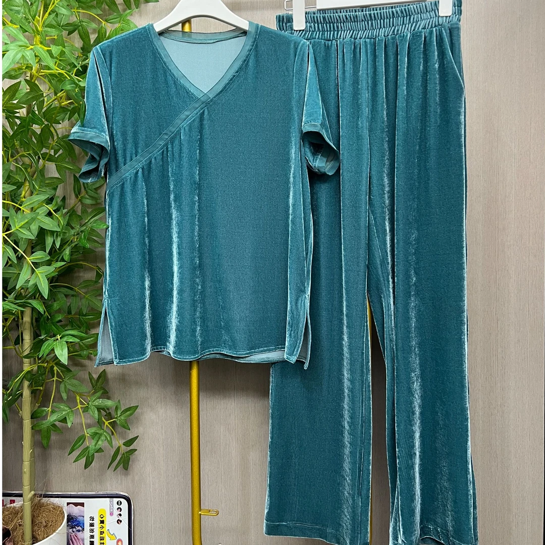 DV原创时尚修身显瘦沙边领丝绒拼接阔腿裤套装25007#-961#