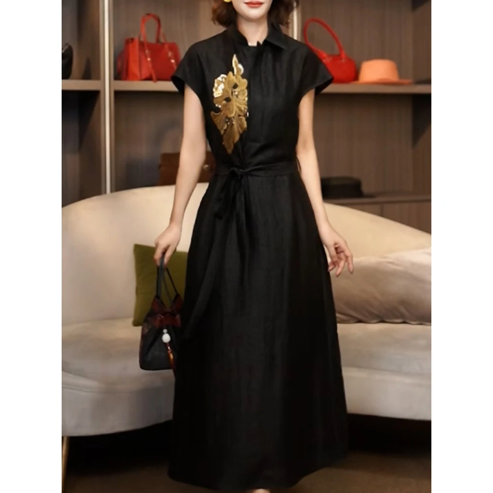 高级感轻奢洋气绣花短袖连衣裙女2025夏季新款优雅名媛风显瘦长裙