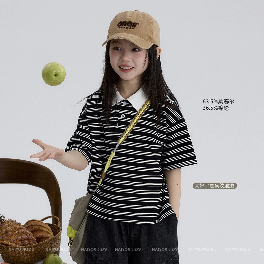 【钢琴键3】女童条纹短袖T恤2025中大童夏季休闲Polo衫Y6360