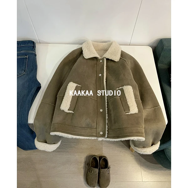 REKAYYAT”阿勒泰“韩版休闲时尚百搭宽松单排扣撞色毛毛夹克外套