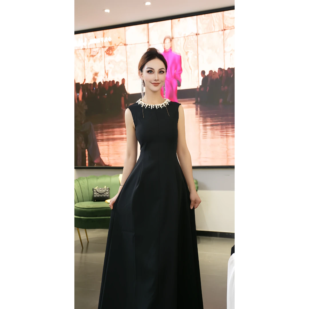 夏季气质长款无袖优雅宴会高贵轻奢国风修身设计师连衣裙9791