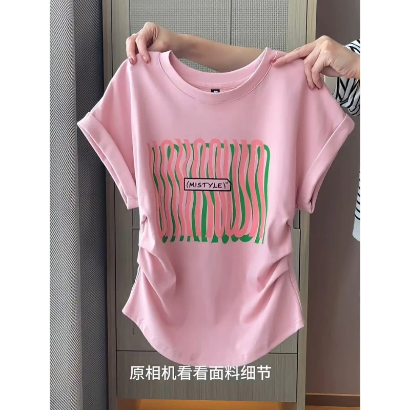 大码设计感圆领正肩印花飞飞袖t恤女夏季新款小众收腰不规则上衣