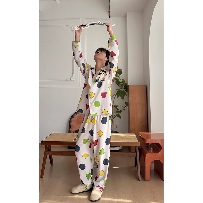 秋季男士纯棉睡衣卡通蜡笔小新ins时尚男孩长袖大码家居服套装