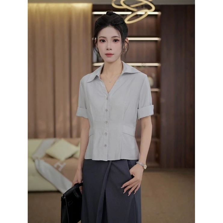 TITI定制【邂逅时光】轻奢气质纯色短袖衬衫收腰显瘦上衣TL3905027