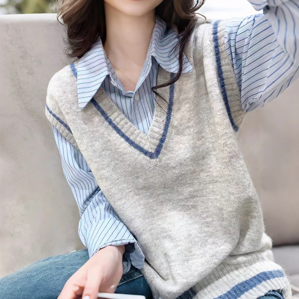 学院风套装女秋季新款蓝色条纹衬衫叠穿V领针织马甲背心两件套潮