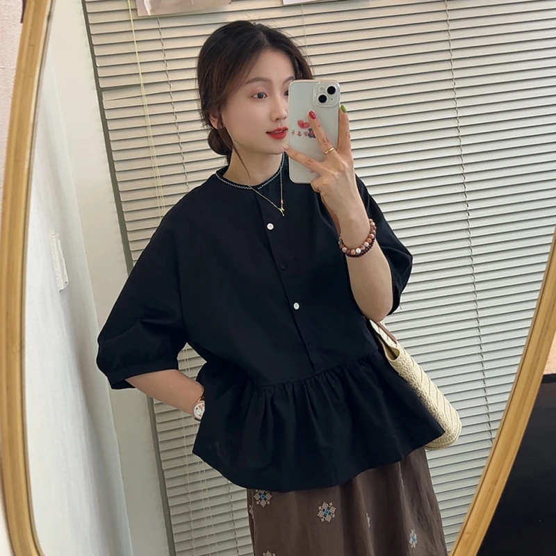 日系圆领百搭娃娃衫女夏季宽松显瘦短袖衬衣设计感别致漂亮小衫潮