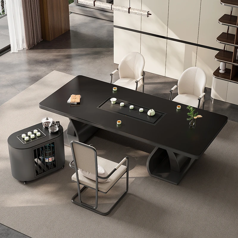 高端纯黑色奢石岩板茶桌椅茶台家用客厅阳台办公室简约现代泡茶桌