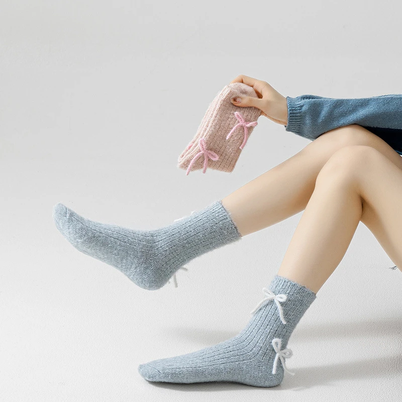38秋冬季加厚蝴蝶结彩色中筒袜糖果色学院