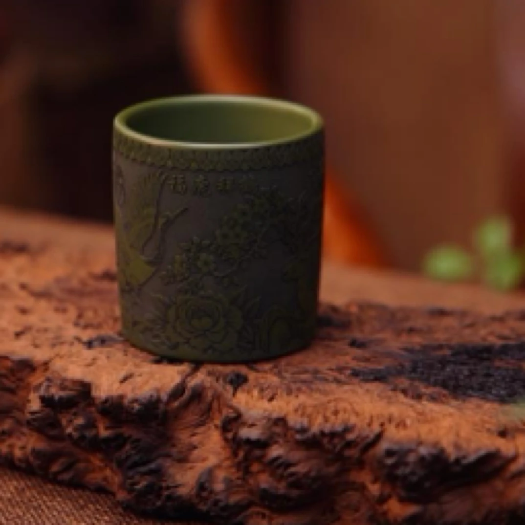 宜兴正宗原矿紫砂纯手工家用大容量直筒主人杯 绿泥 福鹿祥鹤
