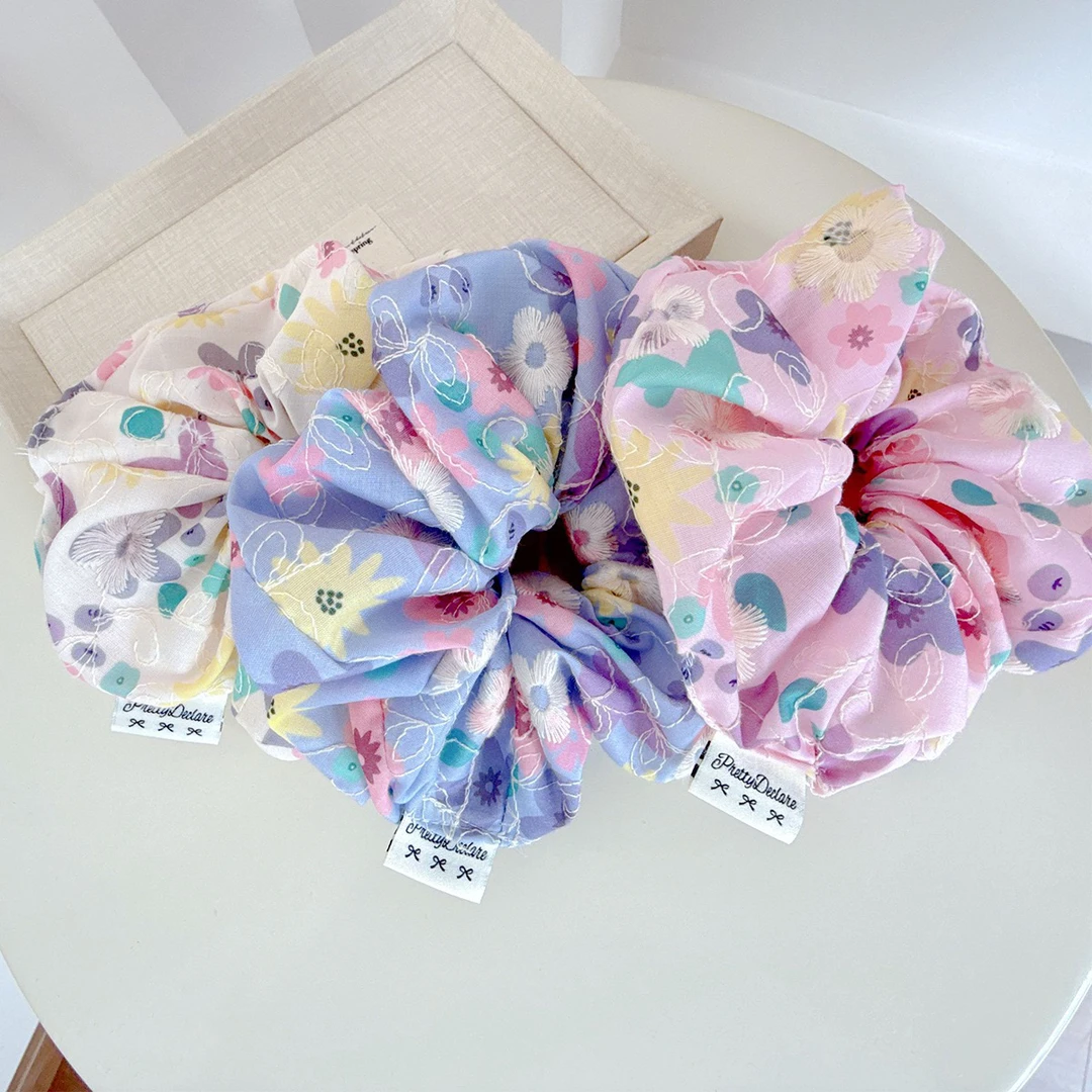 2025韩版韩式大肠发圈女清新甜美高级感刺绣碎花头绳夏季扎发发饰