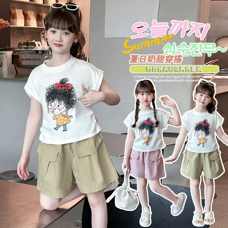 休闲风夏季甜美套头薄款女套装夏日时尚休闲印花洋气女童女孩