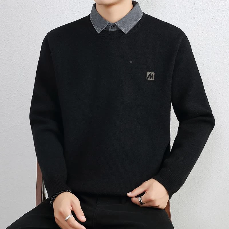 加绒加厚假两件针织衫毛衣男保暖秋冬季新款男士衬衫领中青年内搭