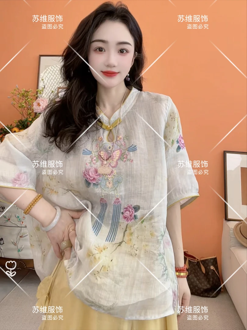 20301国风苎麻文艺复古立领刺绣五分袖夏季薄款百搭女士衬衫