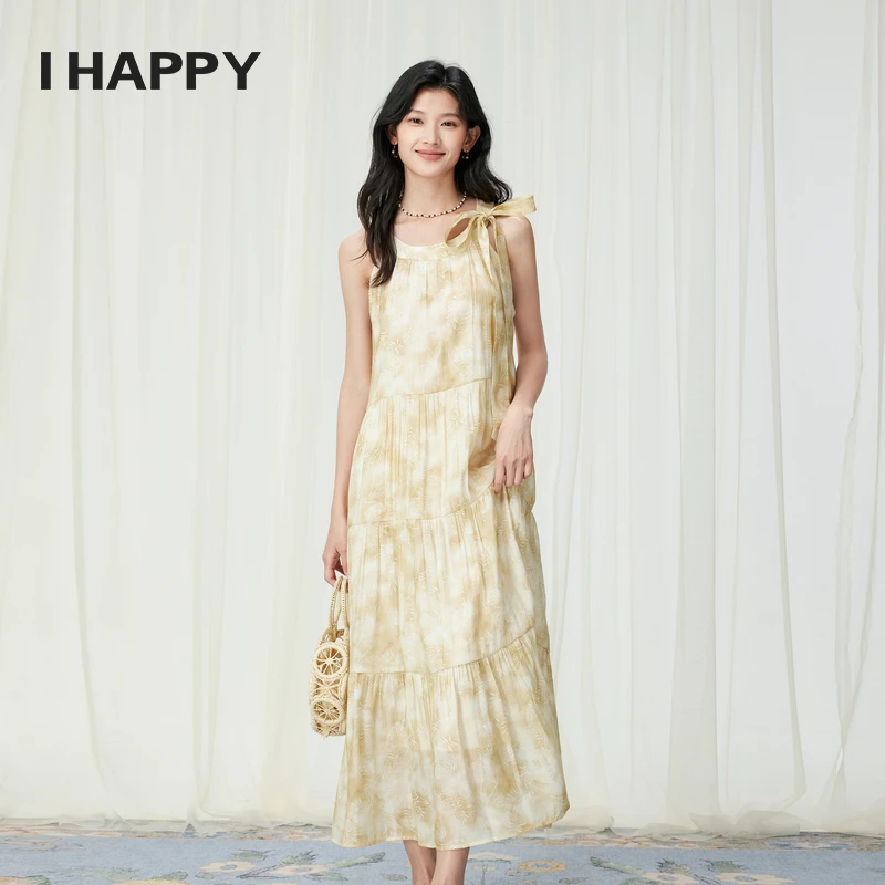 海贝连衣裙圆领无袖蝴蝶结裙子晕染印花长裙夏新款H4H04AW248