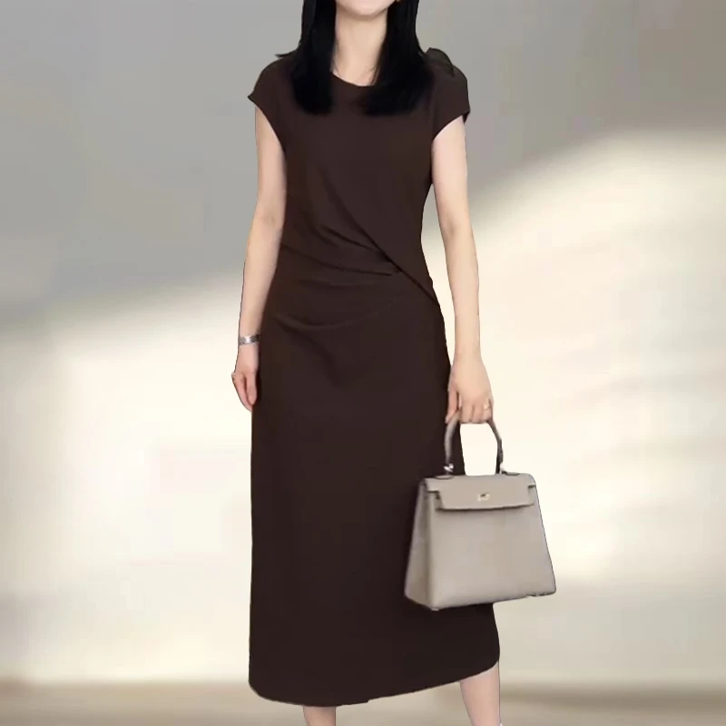 法式轻奢气质圆领连衣裙女夏季新款减龄褶皱收腰大码女装中长裙子