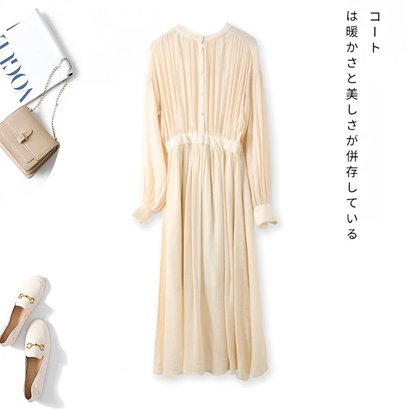 春季新款女士纯色拼接薄款长裙圆领套头长袖连衣裙00554简约百搭