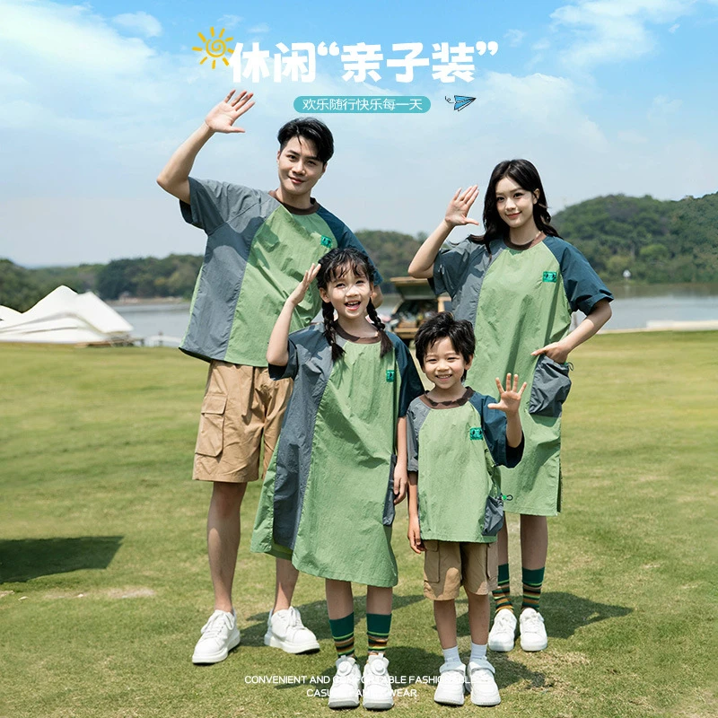 韩式亲子装高定2025夏季个性拼接休闲户外家庭装山系连衣裙母女装