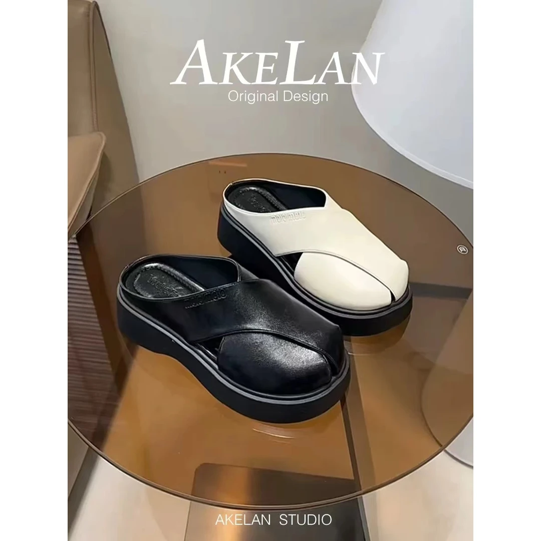 【C.H】2025春季休闲女鞋半托增高厚底松糕鞋透气皮面拖鞋懒人拖V2