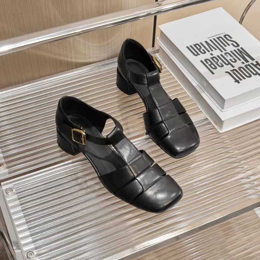 牛皮/4厘米/真皮编织罗马凉鞋浅口纯色百搭粗跟包头外穿女鞋