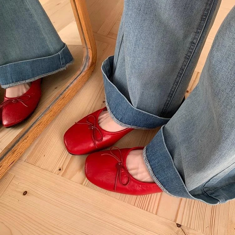 仙女温柔晚晚风平底单鞋女2025春夏韩版红色蝴蝶结浅口奶奶鞋