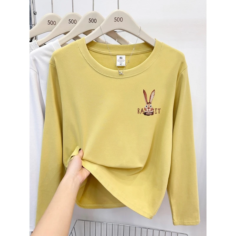 兔子印花圆领正肩长袖t恤女春秋季韩系显瘦大码打底衫百搭上衣服