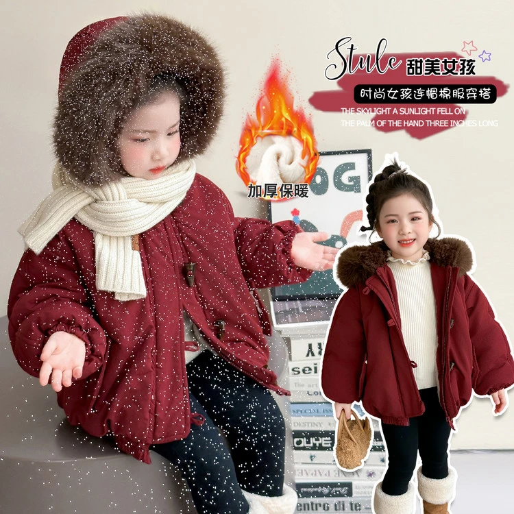 思萌家-新款儿童冬季加绒加厚连帽大毛领派克服外套-1097