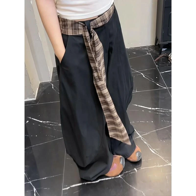 【拼接腰带】弯刀阔腿工装裤女美式格子拼接裤潮牌情侣直筒裤阔腿裤
