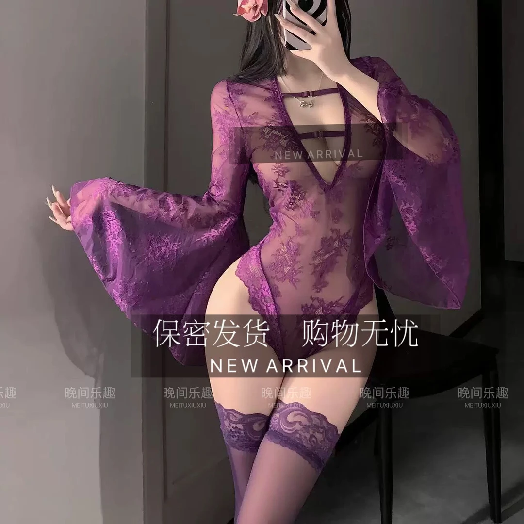 紫色超显白~喇叭袖睡裙网纱修身蕾丝深V套装