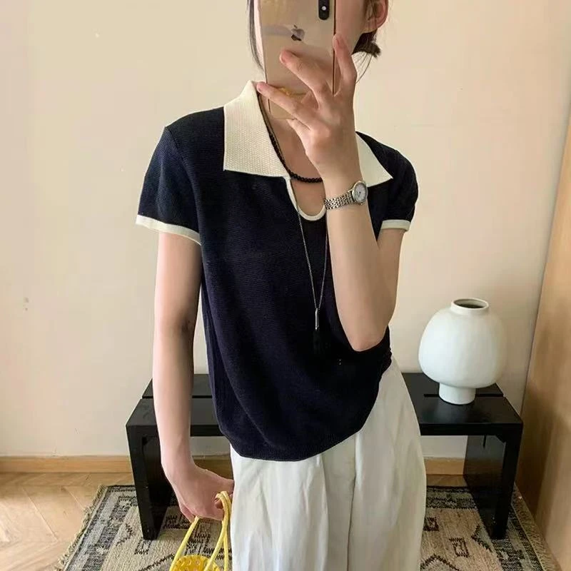 【墨瑧精选】夏季薄款时尚短袖设计感不规则洋气针织衫衬衫66098